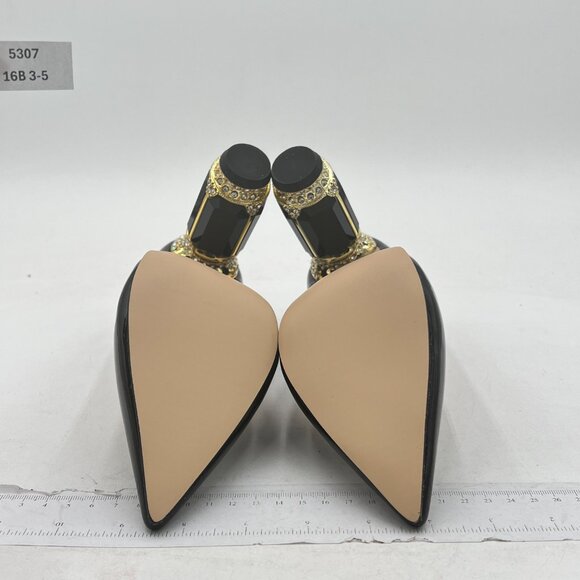 FSJ Black Bridal Pointed Toe Chunky High Heel Crystal Pumps Slip on Wedding Shoe - Picture 7 of 8